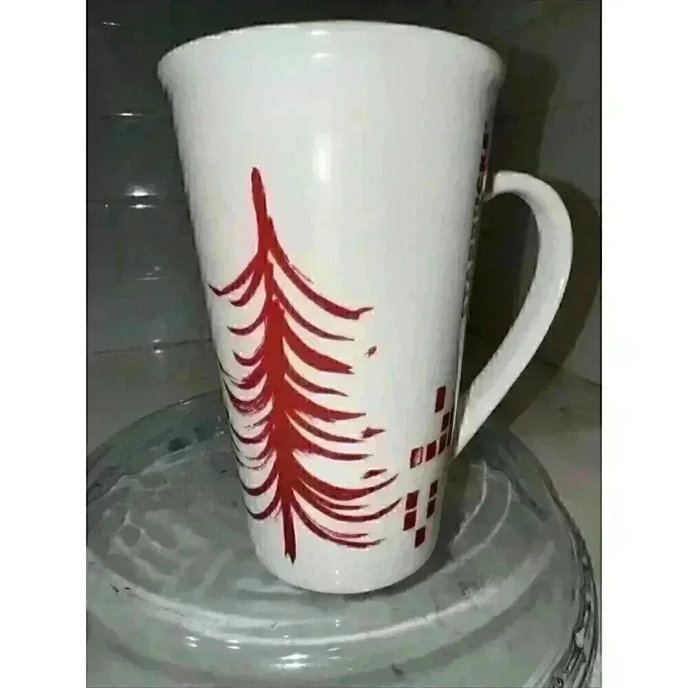 Starbucks 2014 Tall White Mug w/ Red Pine Tree Block Graphics 17.8 oz Preowned